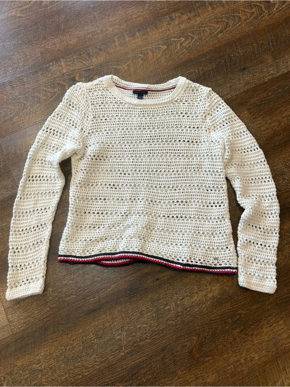 Tommy Hilfiger Cream Open-Knit Long Sleeve Sweater with Red & Navy Trim
